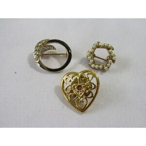 Brooch Bundle Gold Tone Set of 3  Rhinestone Faux Pearl Cottagecore Y2K VTG